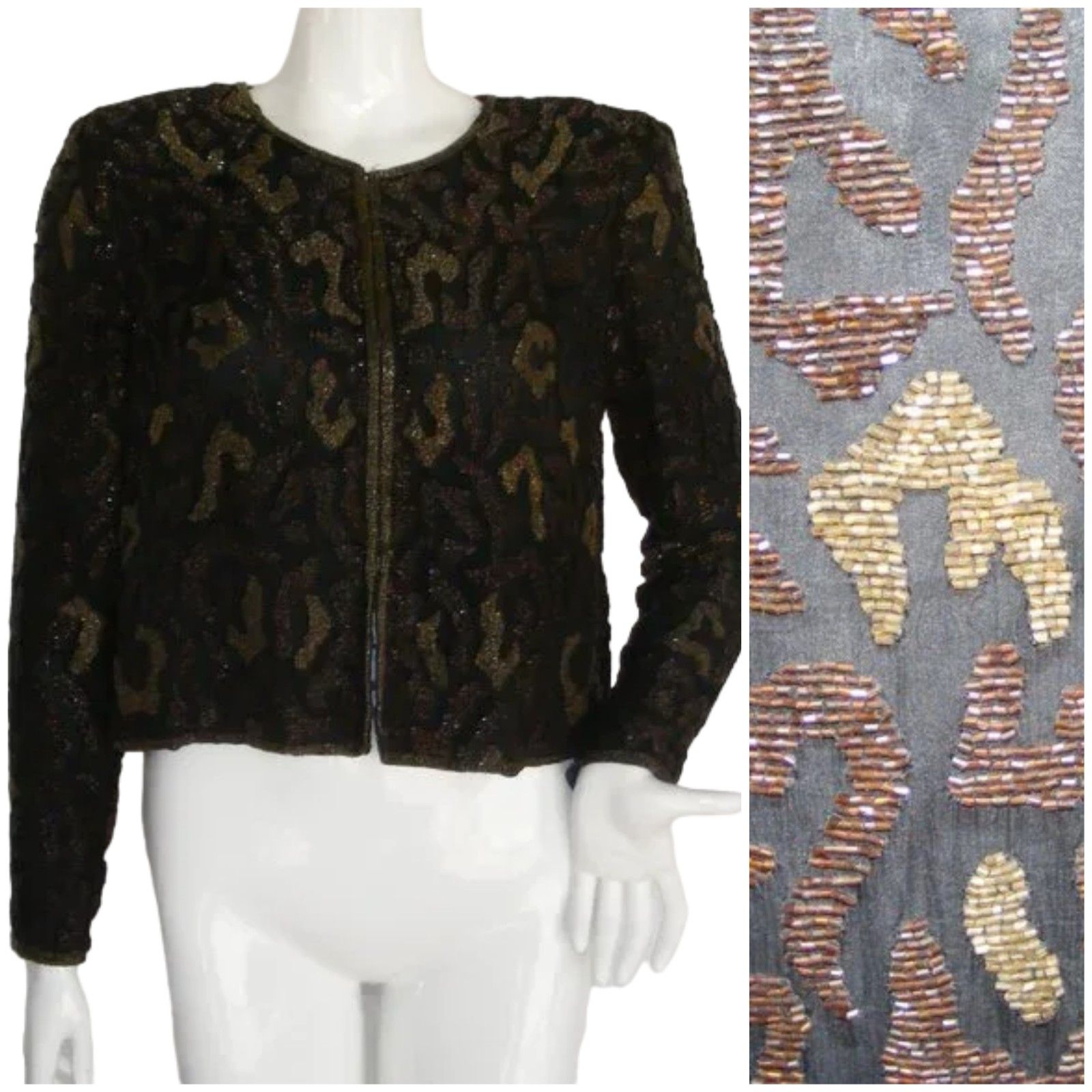 New Stenay Evening Jacket, S, Fully Beaded, Leopard Print, Black/Brown/Gold